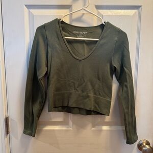 Women’s One Step Up Women's Olive Ribbed Long Sleeve V Neck Top: L/XL